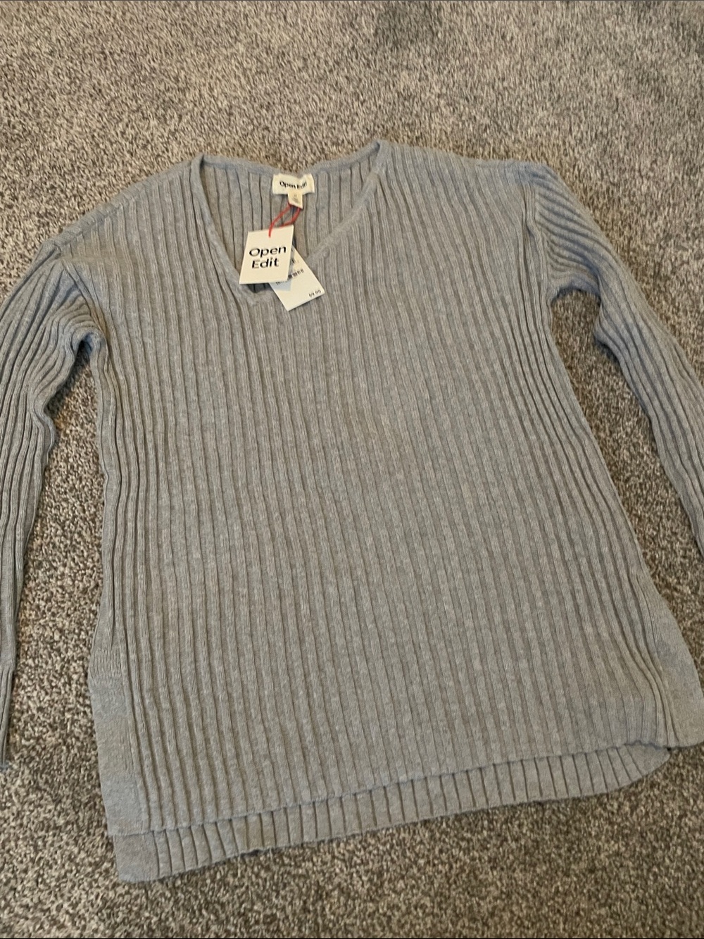 Open Edit Women's Ribbed V-Neck Sweater in Light Gray